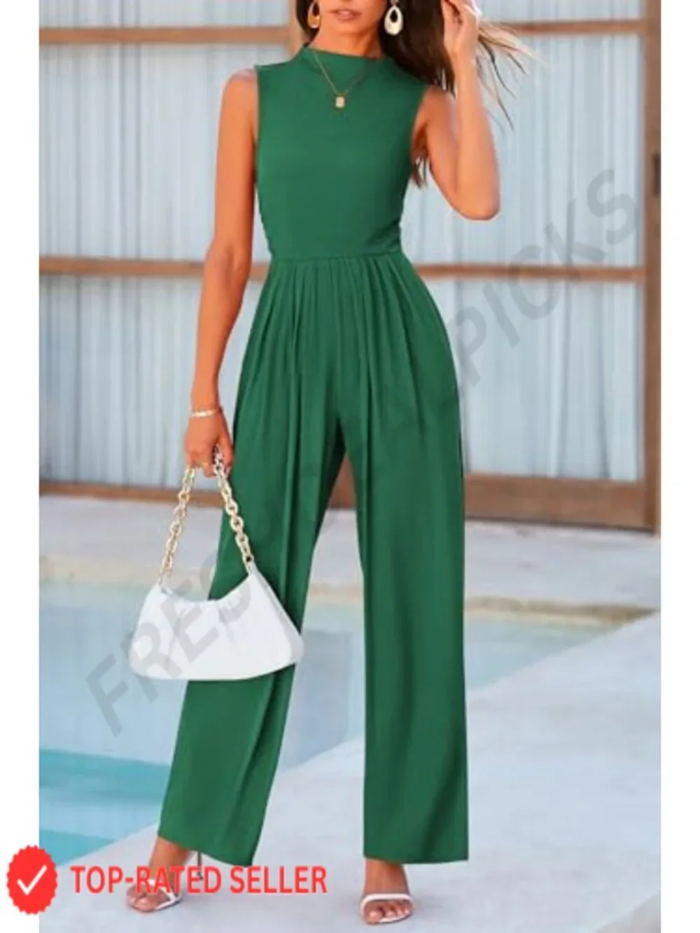 Ribbed Knit Sleeveless Mock Neck Wide Leg Jumpsuit with Pockets and Back Zipper